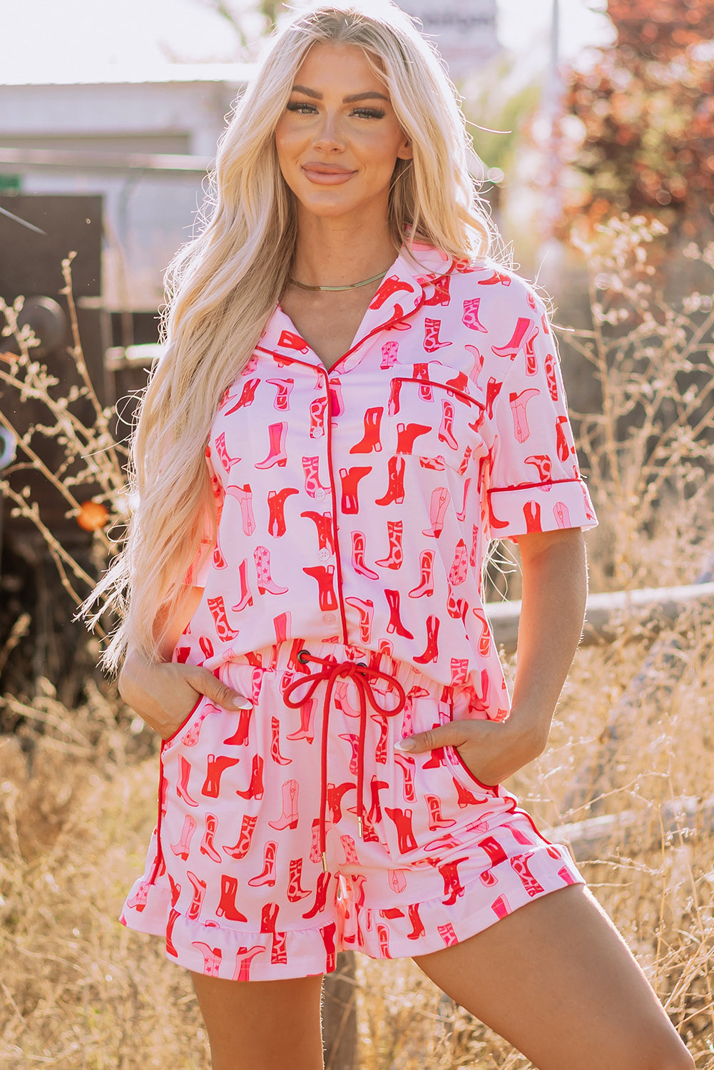 Pink Western Printed Shirt Ruffled Shorts Pajama Set