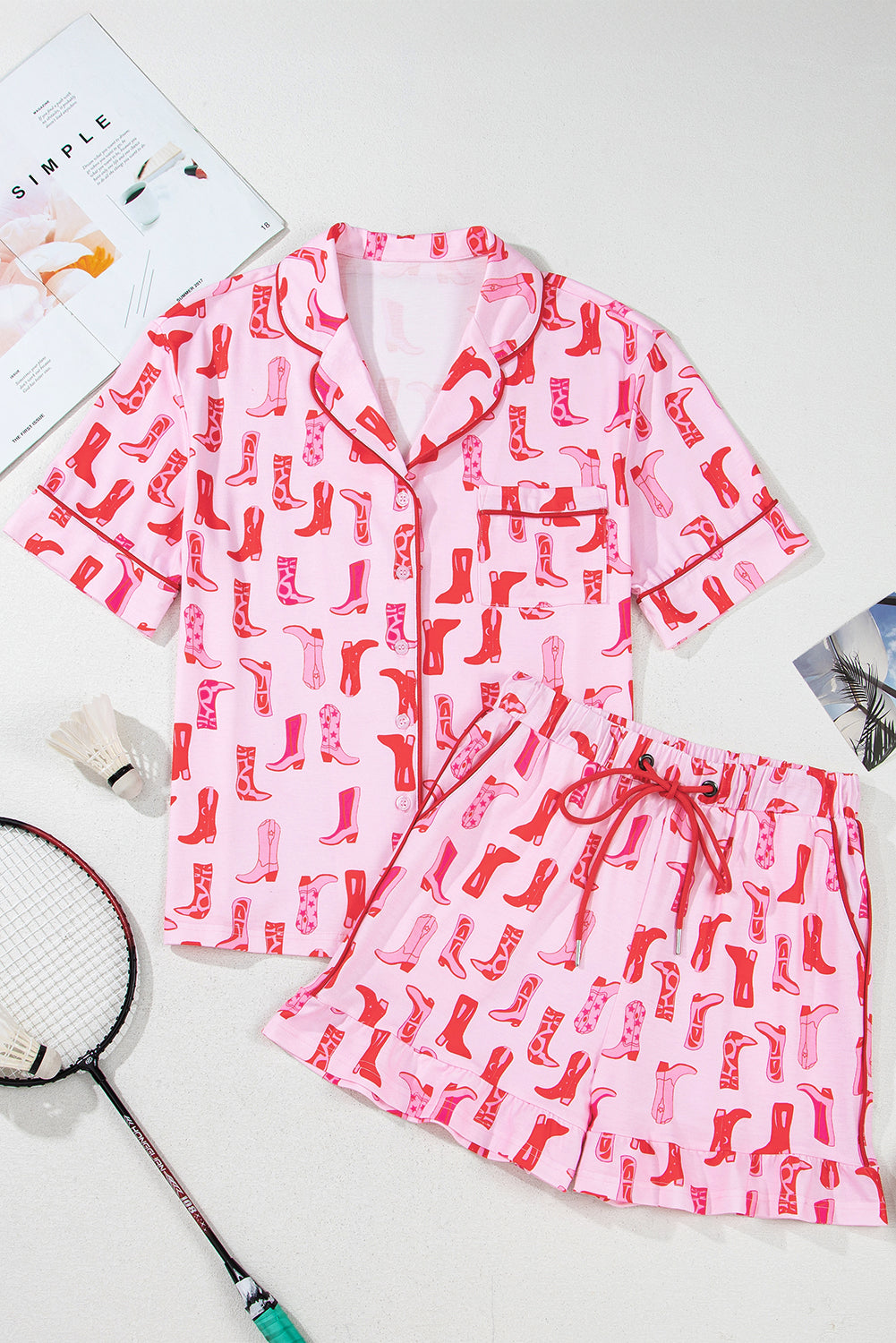 Pink Western Printed Shirt Ruffled Shorts Pajama Set