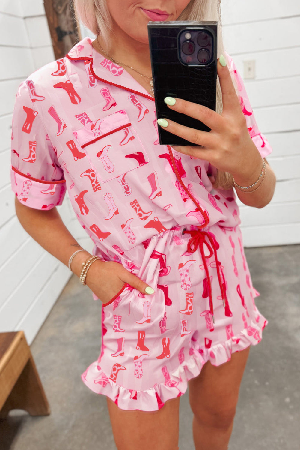 Pink Western Printed Shirt Ruffled Shorts Pajama Set