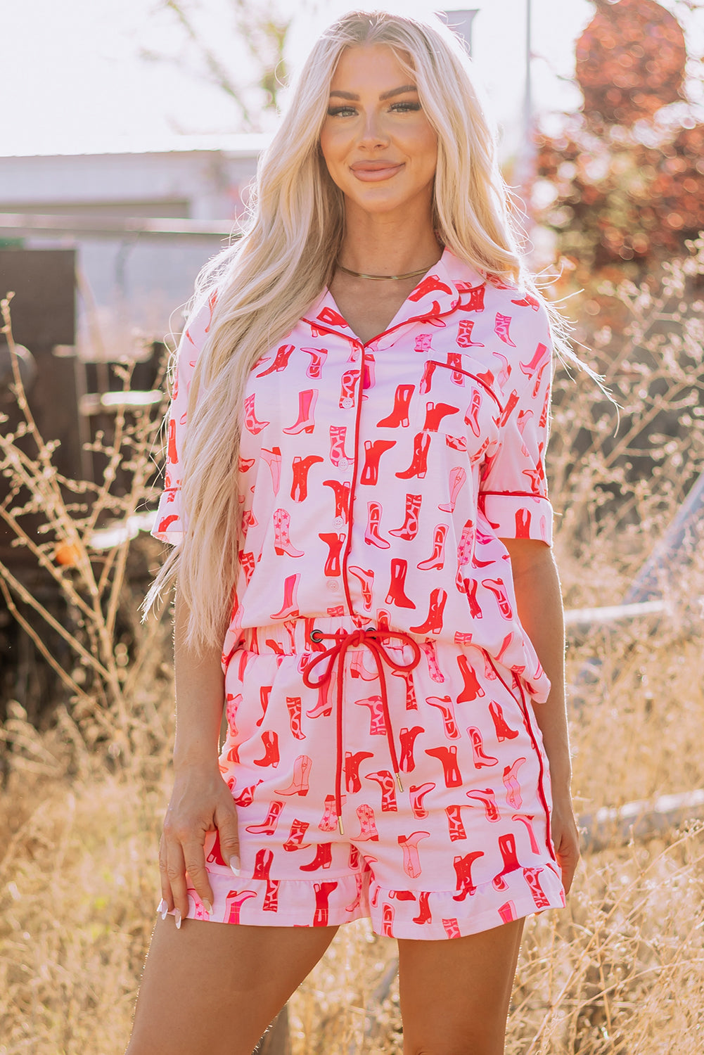 Pink Western Printed Shirt Ruffled Shorts Pajama Set