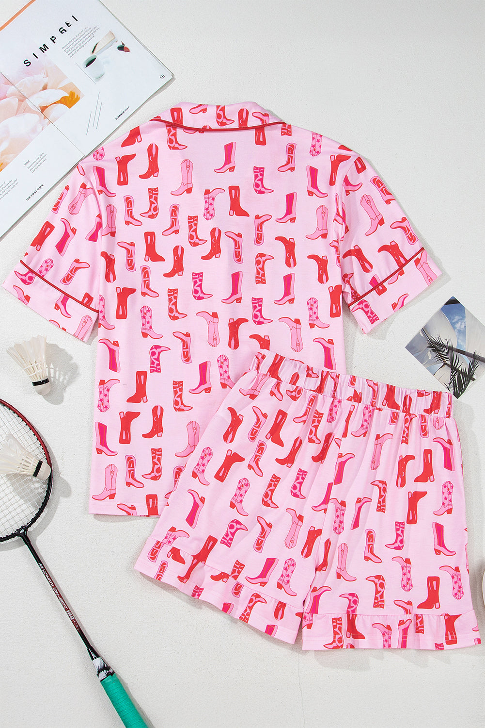 Pink Western Printed Shirt Ruffled Shorts Pajama Set