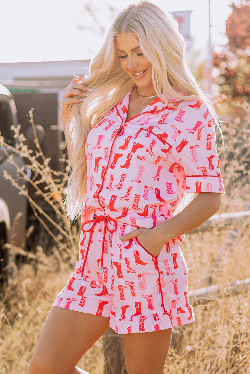 Pink Western Printed Shirt Ruffled Shorts Pajama Set