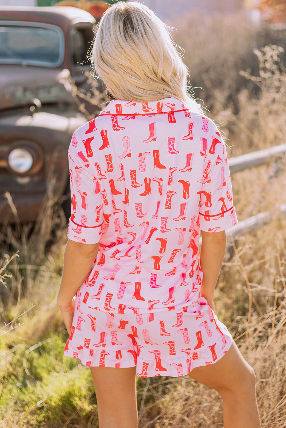 Pink Western Printed Shirt Ruffled Shorts Pajama Set