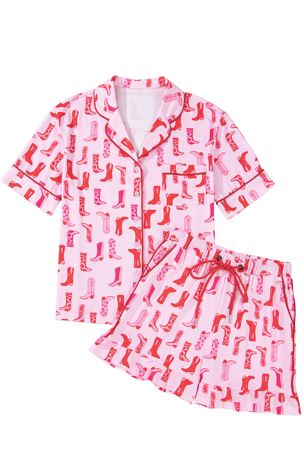 Pink Western Printed Shirt Ruffled Shorts Pajama Set
