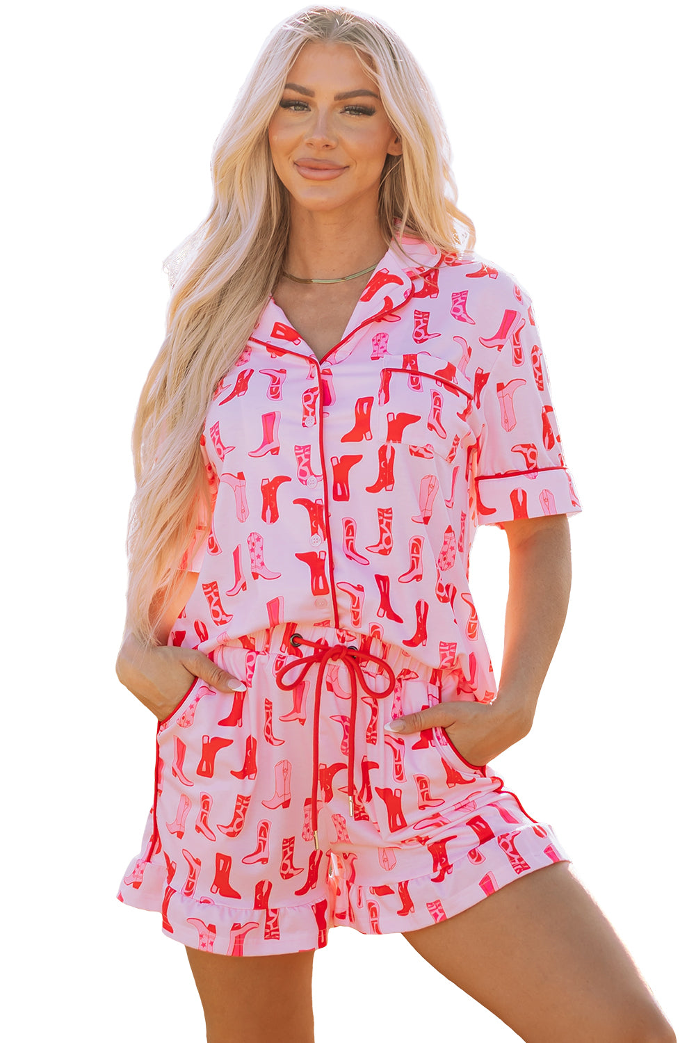 Pink Western Printed Shirt Ruffled Shorts Pajama Set