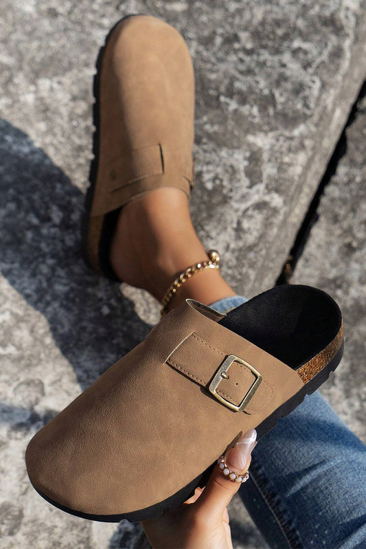 Beige Suede Buckle Slippers