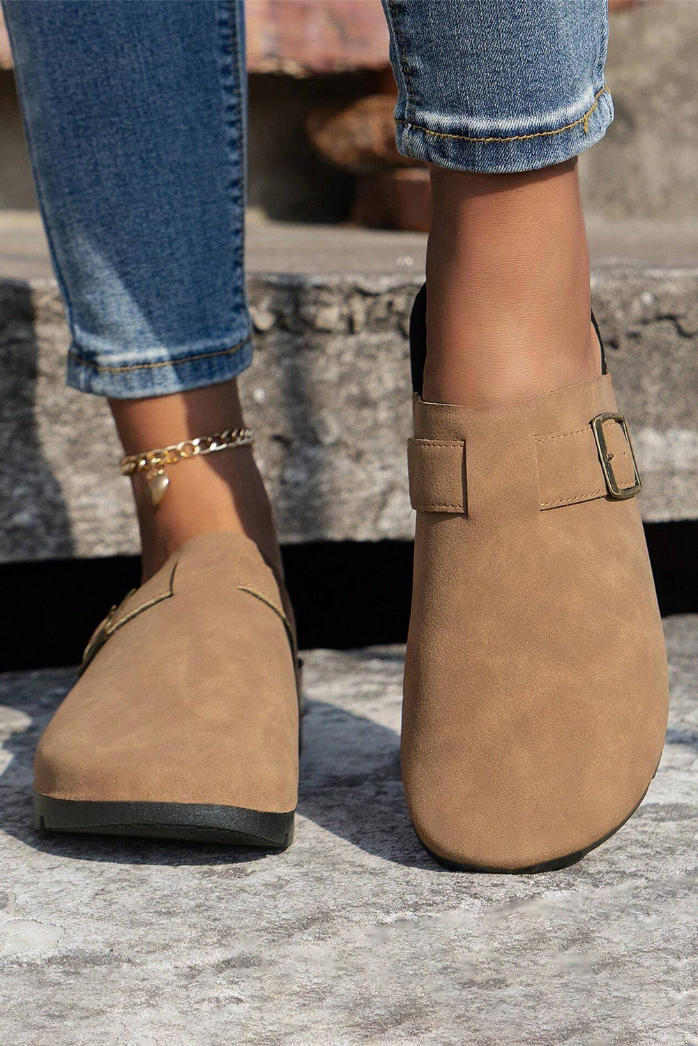 Beige Suede Buckle Slippers