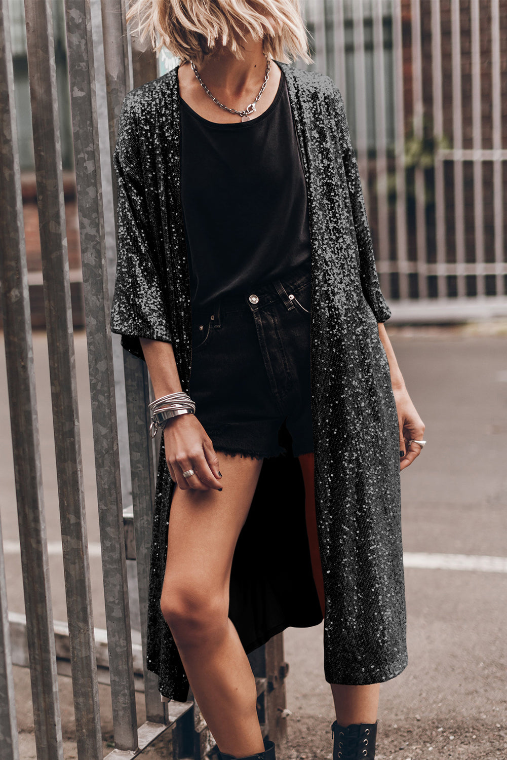 Sarah Sequin Open Front Duster Cardigan