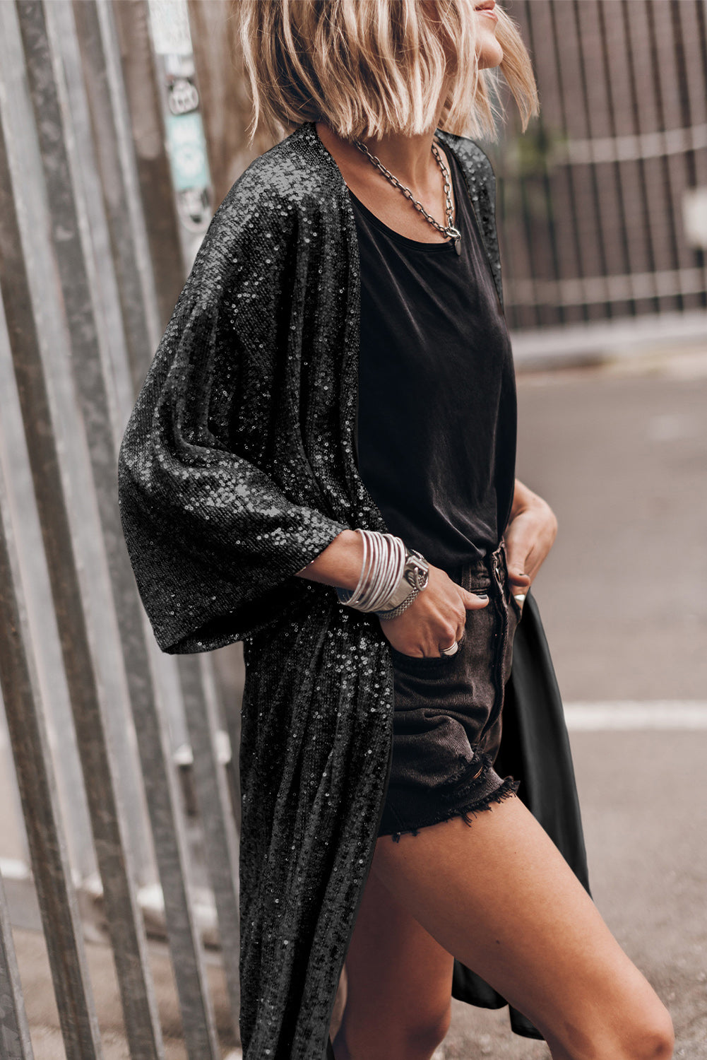 Sarah Sequin Open Front Duster Cardigan