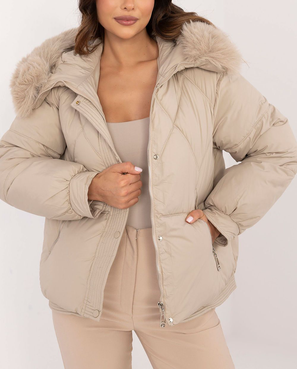 Nadja Nude Puffer with Fur Lined Hood